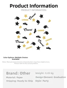 Close-up of black and gold graduation confetti with stars, caps, and congrats text