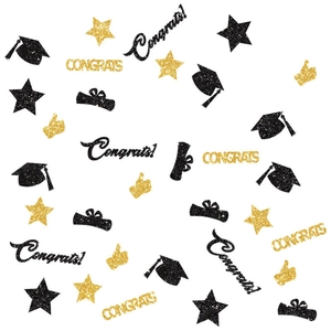 Black and gold graduation party confetti with glitter mortarboards and congrats text