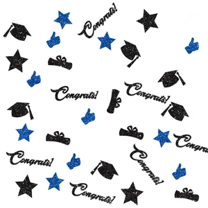 Close-up of glitter graduation confetti with black caps, blue stars and Congrats text