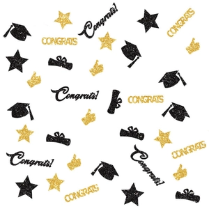 Glittery black and gold graduation table confetti with cap and diploma shapes