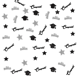 Sparkling graduation confetti with black and silver congrats words, stars and caps