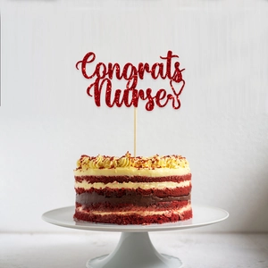 Glittery red Congrats Nurse cake topper with stethoscope heart design for nursing graduation