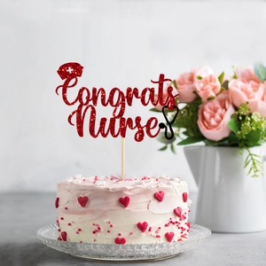 Red glitter Congrats Nurse cake topper with stethoscope design for graduation party decoration