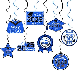 Blue and black Class of 2025 graduation party hanging swirl decorations set for ceremonies