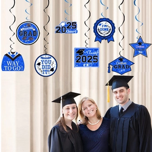 Graduation party hanging swirl decorations with Congrats Grad cards and 2025 theme
