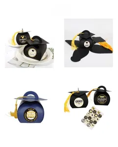 Detailed flat lay of 2024 graduation cap gift boxes with yellow tassels and stickers