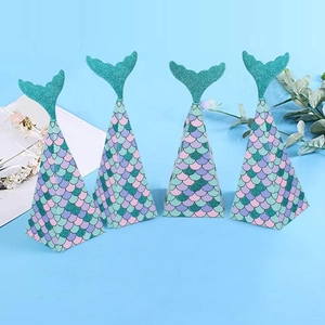 Mermaid party candy gift boxes with colorful fish scales and glittery green tail toppers