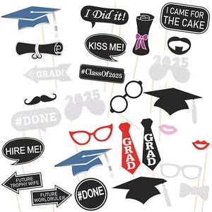 2025 graduation party photo booth props set with glitter hats and funny signs