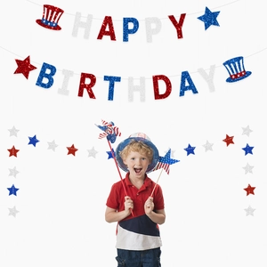 Patriotic Happy Birthday banner with glitter stars and top hat decorations for Fourth of July