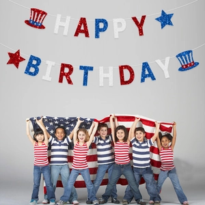 US Independence Day Happy Birthday Banner Glitter Paper Red White Blue Star Garland Patriotic Party Background Decor For Home Celebration