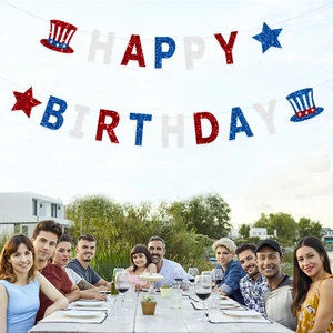 Glittery Happy Birthday banner for 4th of July party with patriotic star and hat decor