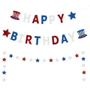 Independence Day birthday party banner set with glittery red white and blue stars