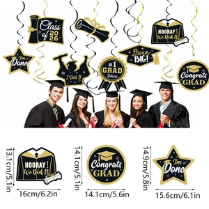 Black and gold graduation party swirls with 2026 cap and diploma hanging decorations