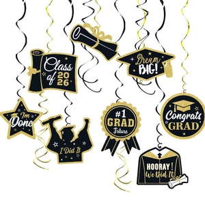 Black and gold graduation hanging swirls with doctor cap and diploma charms set