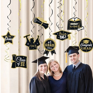 Black and gold graduation hanging swirls with glittery mortarboard and diploma card charms