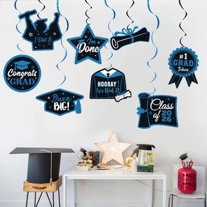 Blue 2026 graduation party hanging swirl decorations with glitter doctoral cap and star charms