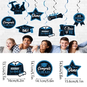 Afstudeerfeest decoratieset met blauwe spiralen, afstudeerhoeden en sterren