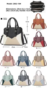Detailed view of color block handbag showing dimensions 29x12x25cm and interior structure