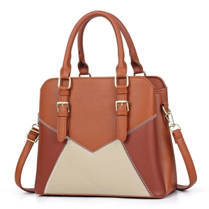 Three-tone patchwork faux leather tote bag with pebble grain texture and golden hardware