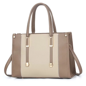Contrast color large capacity tote bag in brown and beige PU leather with gold hardware