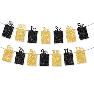 Black and gold glitter graduation photo banner set from preschool to 12th grade