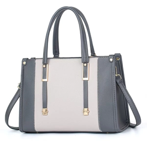 Contrast color large tote bag in grey and beige faux leather with gold hardware
