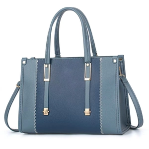 Blue contrasting leather tote bag with top handles and detachable shoulder strap