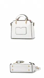 Detailansichten der weißen PU-Lederhandtasche mit Seitenprofil und goldenen Bodennägeln