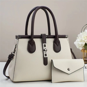 Two-piece cream and brown tote bag set with lychee texture and adjustable strap