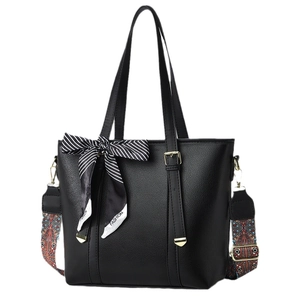 Black pebbled leather bucket bag with fashion scarf and ethnic style wide shoulder strap