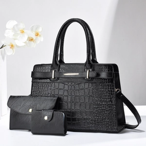 Vintage Women Crocodile Embossed Handbag Clutch And Card Holder Set Large Capacity PU Leather Shoulder Bag For Business