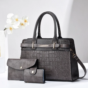 Three-piece dark grey tote bag set with crocodile texture, handbag and clutch with strap