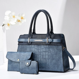 Three-piece set of dark blue crocodile texture handbag with envelope wallet and card holder