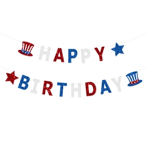 Red white and blue glittery Happy Birthday banner with American flag stars and hats