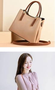 Détail du sac bandoulière beige et marron avec poignée ronde et logo Fashion Queen