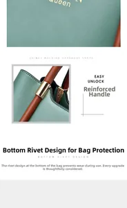 Détail du sac en cuir vert montrant les poignées renforcées et les rivets de protection