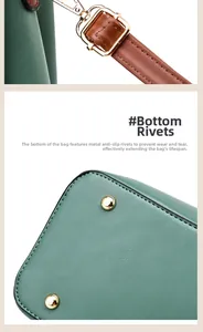 Détails du sac à main vert en cuir avec pieds dorés et attache de bandoulière marron