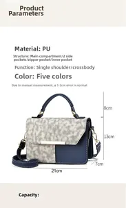 Detailed size specifications for blue and white woven PU crossbody bag showing compartments