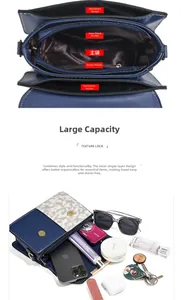 Detail view of the multi-compartment interior layout for the blue and white crossbody bag
