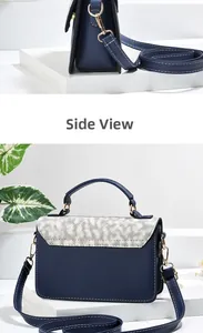 Side and back view of a blue crossbody bag with woven texture flap and gold hardware