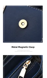 Detailed macro of gold magnetic clasp and metal zipper on blue textured leather bag