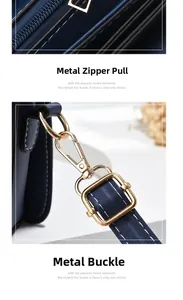 Detailed close-up of navy blue leather bag showing high-quality gold zipper and metal buckle