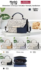 Detail of woven texture flap and metallic bar on a multi-color crossbody bag