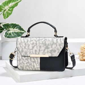 Women PU Leather Woven Texture Shoulder Bag Contrast Color Small Square Crossbody Handbag With Golden Metal Bar