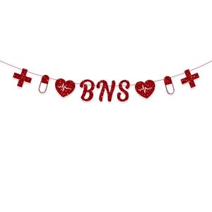Striscione laurea infermiere BSN rosso glitterato con decorazioni a croce rossa e cuore
