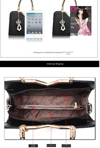 Detail view of black quilted handbag interior and size comparison with iPad and A4 magazine