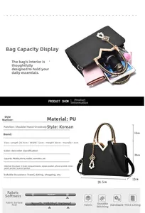 Detail view of black PU handbag with V-shaped texture, dimensions and pearl heart charm