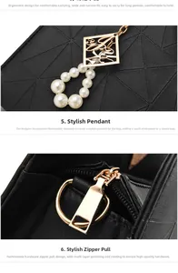 Detail of black PU leather bag showing pearl charm and polished gold-tone hardware