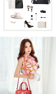 Pink chiffon sleeveless top with gold chain print and bow neck, styled with handbag
