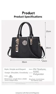 Detailed size chart for black PU handbag with gold hardware and product dimensions